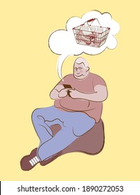 The smartphone user selects products in the online store. The fat man sits on an ottoman and buys food online. Sketch. Vector illustration