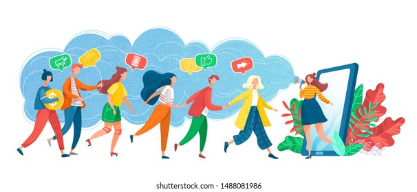 Smartphone And User Vector, Phone With Line Of People Walking Into Screen. Referral System, Refer Friend, Making Money Recommending New Group Flat Style. Referral Marketing Program. Group Customers.