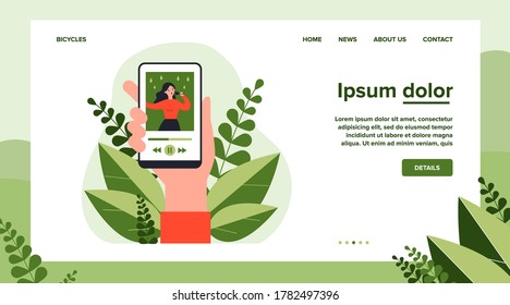 Smartphone user watching talent show or concert. Video player, streaming, media content flat vector illustration. Internet, communication concept for banner, website design or landing web page