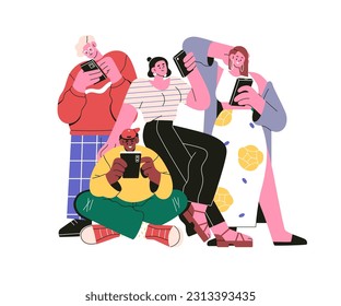 Smartphone users. Internet addiction, virtual communication concept. People using mobile phones, reading online, surfing social media. Flat graphic vector illustration isolated on white background