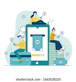 Smartphone users paying online. Men and women with gadgets transferring money flat vector illustration. Internet payment, finance, transaction concept for banner, website design or landing web page
