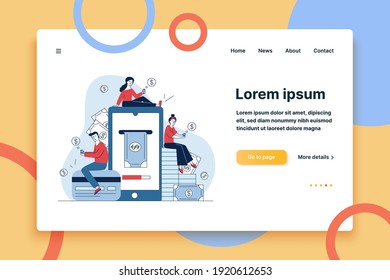 Smartphone users paying online. Men and women with gadgets transferring money flat vector illustration. Internet payment, finance, transaction concept for banner, website design or landing web page