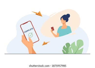 Smartphone users sending and receiving messages. Paper planes, hand with phone, transfer flat vector illustration. Communication, internet concept for banner, website design or landing web page
