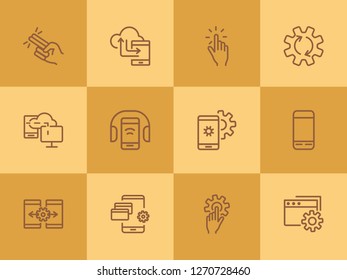 Smartphone using line icon set. Audio content, wireless connection, settings. Mobile technology concept. Can be used for topics like app development, digital device, cell features