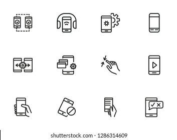 Smartphone using line icon set. Headphone, credit card, pinch. Electronic devices concept. Can be used for topics like manual, gadget features, online payment