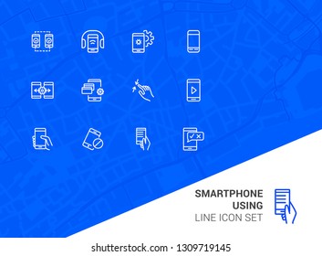 Smartphone using line icon set. Headphone, credit card, pinch. Electronic devices concept. Can be used for topics like manual, gadget features, online payment