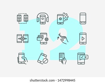 Smartphone using line icon set. Headphone, credit card, pinch. Electronic devices concept. Can be used for topics like manual, gadget features, online payment
