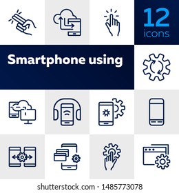 Smartphone using line icon set. Audio content, wireless connection, settings. Mobile technology concept. Can be used for topics like app development, digital device, cell features