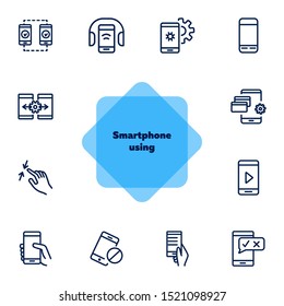 Smartphone using line icon set. Headphone, credit card, pinch. Electronic devices concept. Can be used for topics like manual, gadget features, online payment