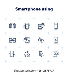 Smartphone using line icon set. Headphone, credit card, pinch. Electronic devices concept. Can be used for topics like manual, gadget features, online payment