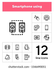 Smartphone using line icon set. Headphone, credit card, pinch. Electronic devices concept. Can be used for topics like manual, gadget features, online payment