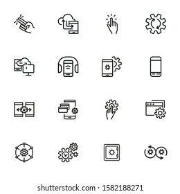 Smartphone using line icon set. Audio content, wireless connection, settings. Mobile technology concept. Can be used for topics like app development, digital device, cell features