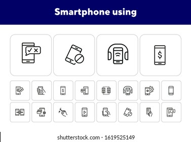 Smartphone using line icon set. Headphone, credit card, pinch. Electronic devices concept. Can be used for topics like manual, gadget features, online payment