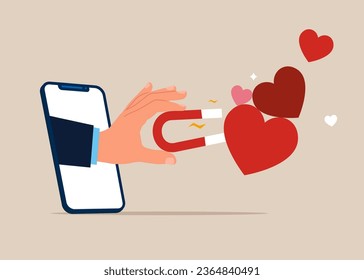 Smartphone using magnet to collect love heart symbol. Saint Valentine's day card. Love you. Flat vector illustration
