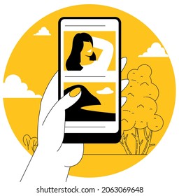 Smartphone using, surfing social media, browsing and using mobile apps. Flat design vector concept.