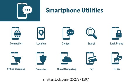 Smartphone utilities icon. Set of solid vector icons theme about digital technology, contacts, fintech, phone.