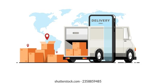 Smartphone with van truck, Worldwide delivery service concept, Delivery service 24 hours, Digital marketing illustration.