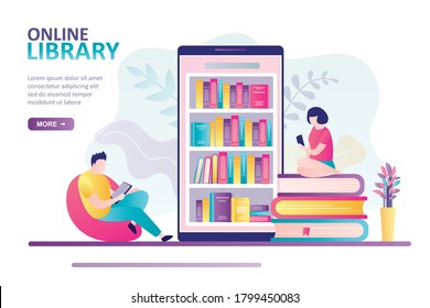 Smartphone with various books on screen. Internet technology, online library or bookshop landing page. People with smart gadgets. App for reading, buying and downloading books.Flat vector illustration