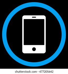 Smartphone vector bicolor rounded icon. Image style is a flat icon symbol inside a circle, blue and white colors, black background.