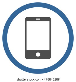 Smartphone vector bicolor rounded icon. Image style is a flat icon symbol inside a circle, cobalt and gray colors, white background.