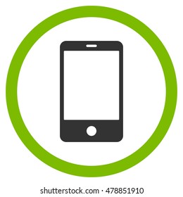 Smartphone vector bicolor rounded icon. Image style is a flat icon symbol inside a circle, eco green and gray colors, white background.