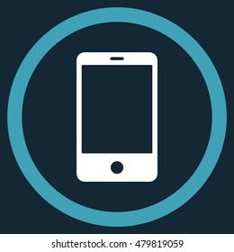 Smartphone vector bicolor rounded icon. Image style is a flat icon symbol inside a circle, blue and white colors, dark blue background.