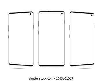 smartphone vector with blank screen, front view, It located obliquely, turn on the diagonal, isolated on white