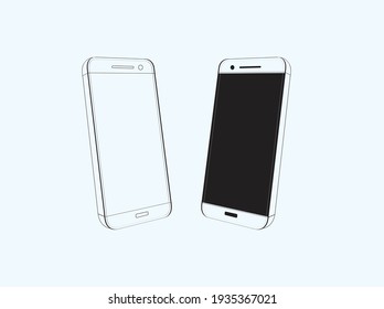 smartphone vector. Cellphone line drawing, mobile phone in different angles of 2 view.