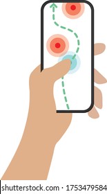 Smartphone Vector graphic in a persons hand using a track and trace type program with warning circles and a clear route