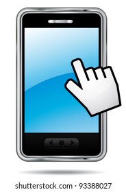 Smartphone vector icon with hand cursor. Touchscreen symbol.