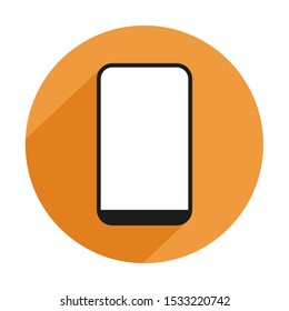 Smartphone vector icon. Mobile communication illustration on yellow circle. Phone mockup with black frame and white blank screen for web, application materials. Flat telephone graphic.