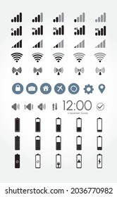 Smartphone vector icon set. Network, battery, charge level GSM and WIFI signal strength, full low and empty charge status, required elements for Smartphone UI design. isolated in white background. 