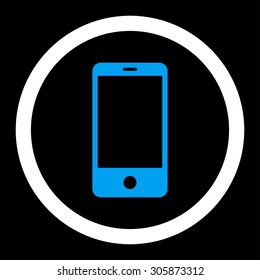 Smartphone vector icon. This rounded flat symbol is drawn with blue and white colors on a black background.