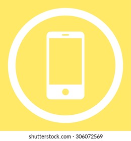 Smartphone vector icon. This rounded flat symbol is drawn with white color on a yellow background.