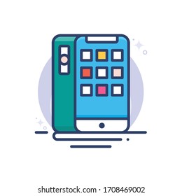 Vektorillustration von Smartphone.  Umriss-Symbol für Start und Neuer Betrieb gefüllt. 