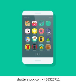 Smartphone vector isolated on green background, mobile phone with app icon on screen, modern cellular smart phone device flat cartoon style