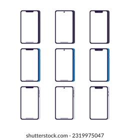 Ilustraciones de parodias vectoriales de Smartphone. Mockup isométrico móvil en diferentes colores. 