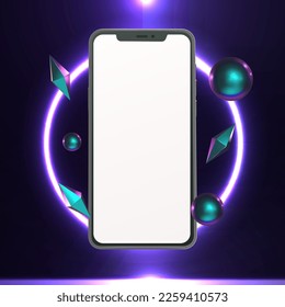 Smartphone vector mockup with neon light and iridescent shapes
