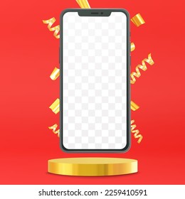 Smartphone vector mockup on a podium with gold confetti