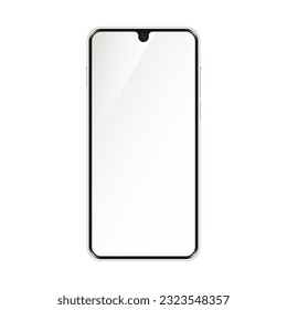 Smartphone vector mockup. White mobile phone template with blank screen. Cell phone device isolated on white background.