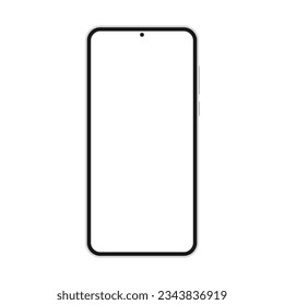 Smartphone vector mockup. White mobile phone template with blank screen. Cell phone device isolated on white background.
