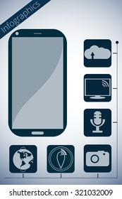 Smartphone. Vector promotion infographic. Key features are shown as icons. 