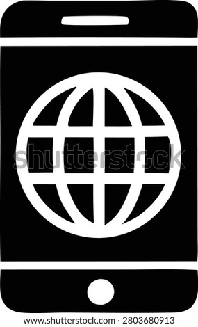 Smartphone vector showing world map globe, mobile connectivity icon, global network telecommunications illustration, cellular internet data service symbol for worldwide coverage.