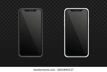 Smartphone vector with two phones in gray and white on a dark checkered transparent background. Realistic mockup and mobile phone illustration, perfect for vector designs, cellphone mockups