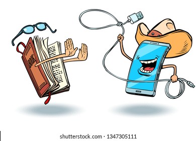 Smartphone versus books. Literature and love of reading and modern technology. Cowboy gadget throws a lasso. Comic cartoon pop art vector retro vintage drawing