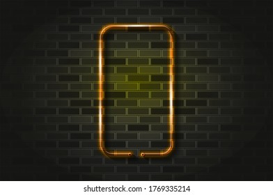 Marco vertical de Smartphone, signo de neón brillante de gadget o tubo de vidrio. Ilustración vectorial realista. Muro de ladrillo negro, sombra suave.