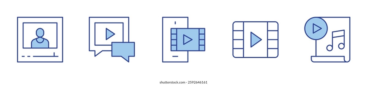 smartphone, video, blogger, music sheet. Multimedia Icon vector illustration. Line Duotone style. Editable stroke.