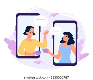 Smartphone video call. Girls with mugs of tea or coffee communicate. Girlfriends, social networks, modern technology and video conference. chatting in Internet. Cartoon flat vector illustration