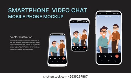Smartphone Video Call Mockup – Friends Chatting Online via Mobile Phone Interface | Vector Illustration of Digital Communication and Virtual Meeting