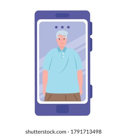 smartphone video call, old man in conference video call online vector illustration design